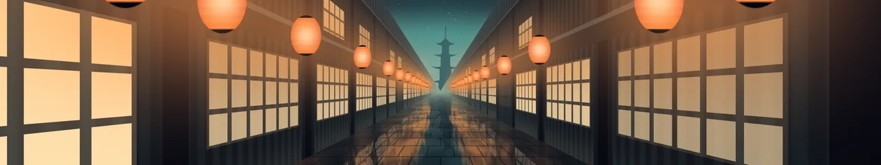 Teal Japanese Lantern Street triple monitor wallpaper, 7680 × 1440
