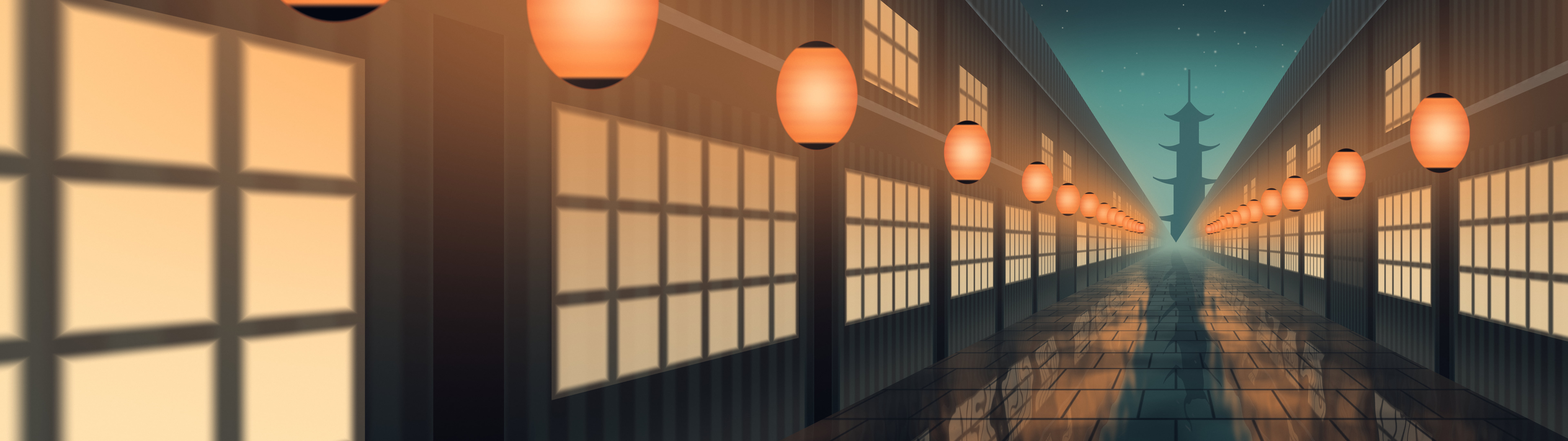 Teal Japanese Lantern Street dual monitor wallpaper, 7680 × 2160