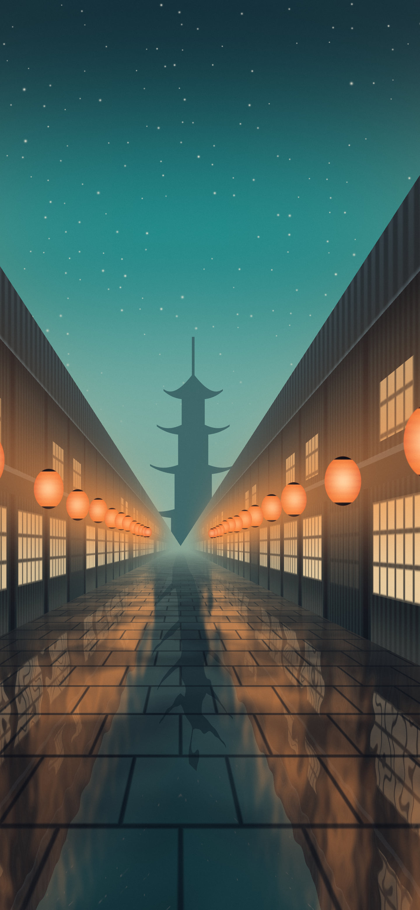 Teal Japanese Lantern Street wallpaper for iPhone and Android