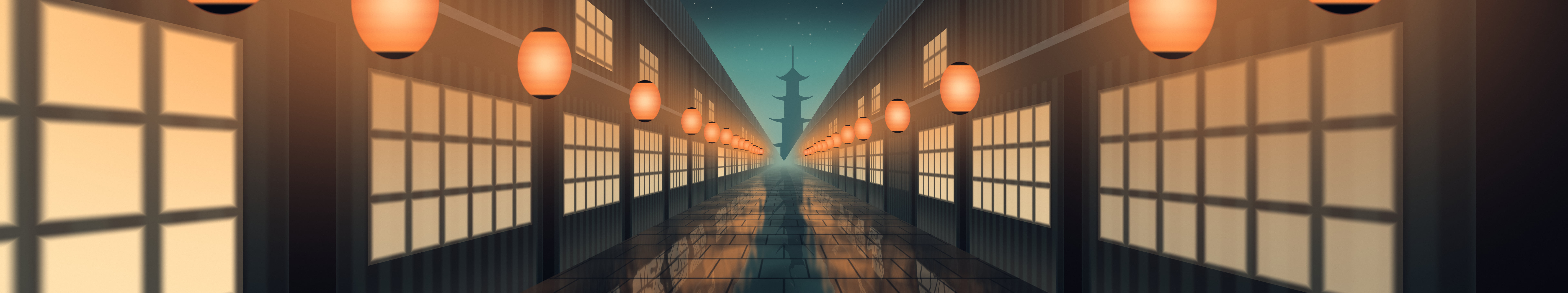 Teal Japanese Lantern Street triple monitor wallpaper, 7680 × 1440