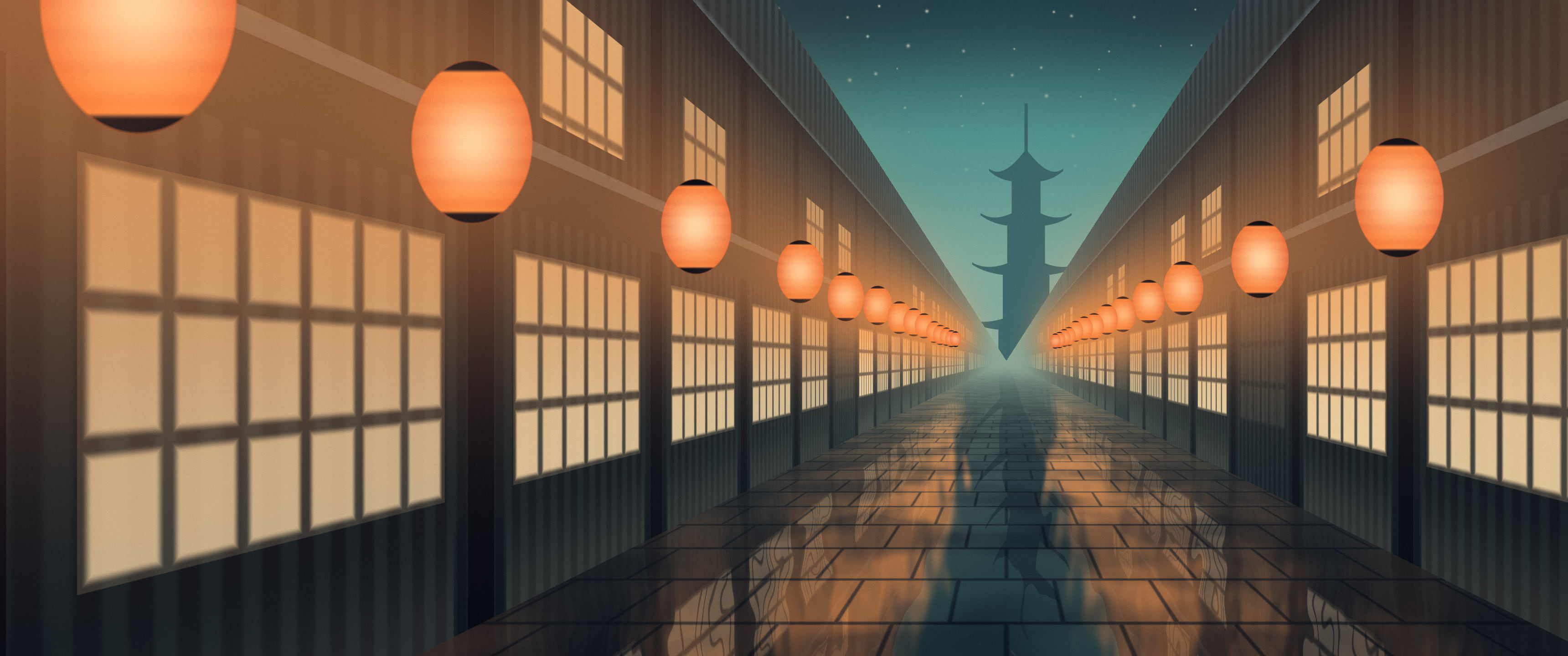 Teal Japanese Lantern Street ultrawide wallpaper, 3440 × 1440