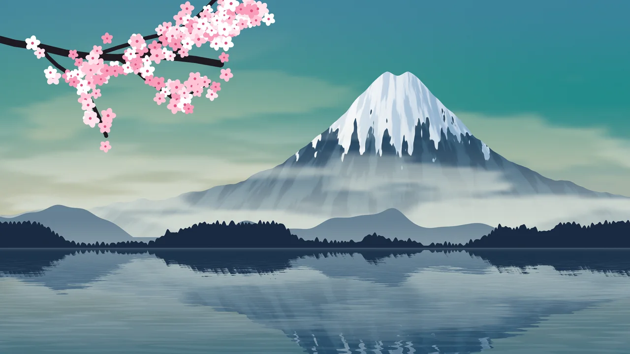 Teal Japanese Mountain and Cherry Blossom desktop wallpaper in 4K