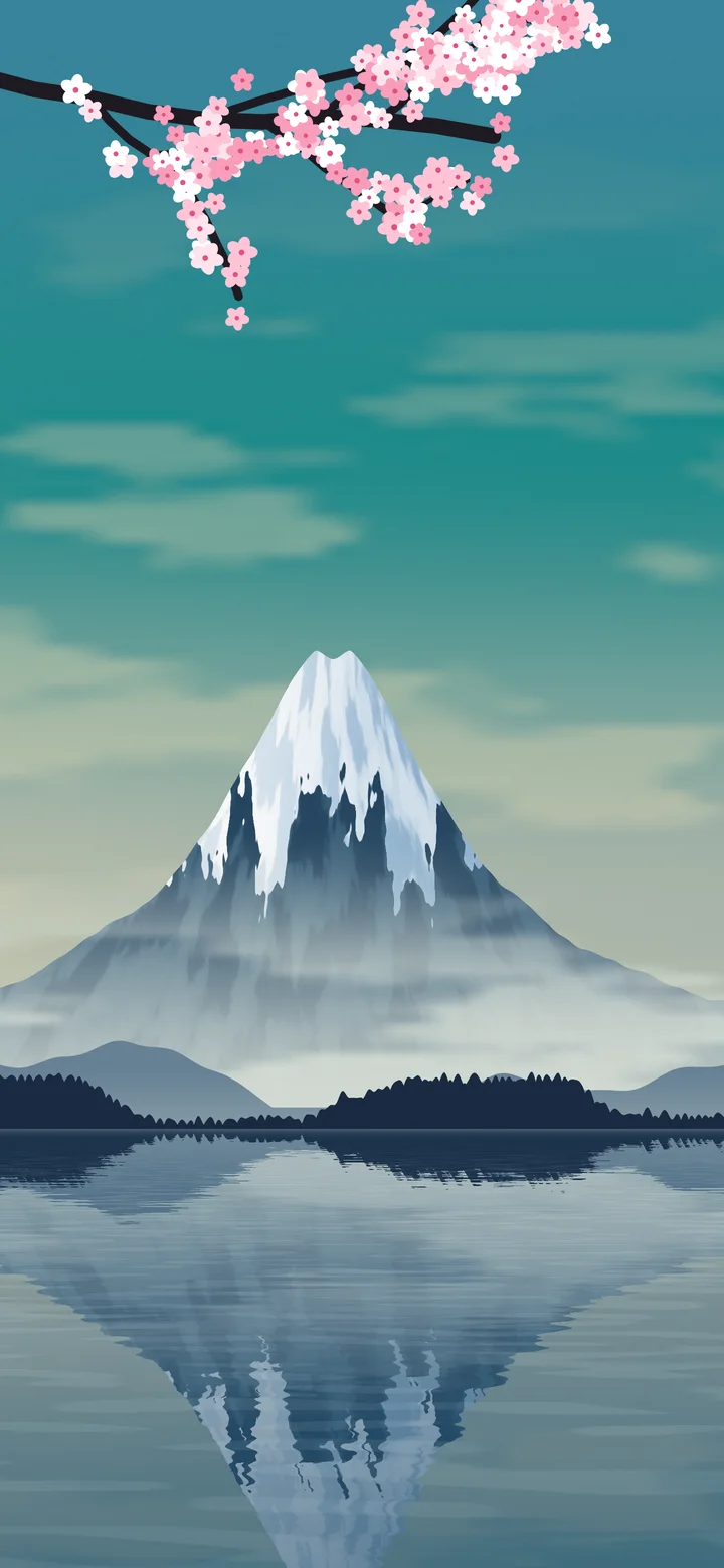 Teal Japanese Mountain and Cherry Blossom wallpaper for iPhone and Android