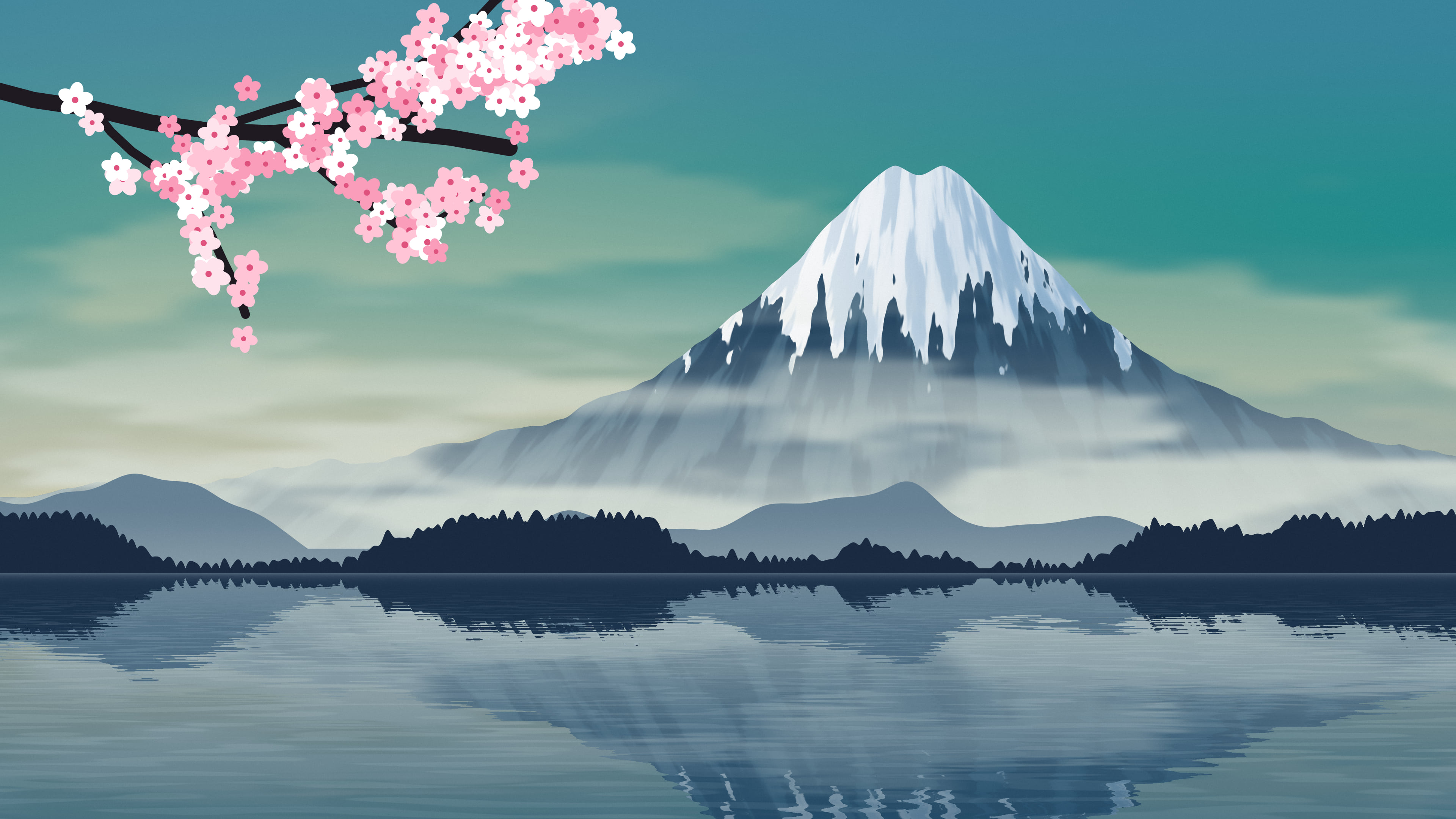 Teal Japanese Mountain and Cherry Blossom desktop wallpaper in 4K