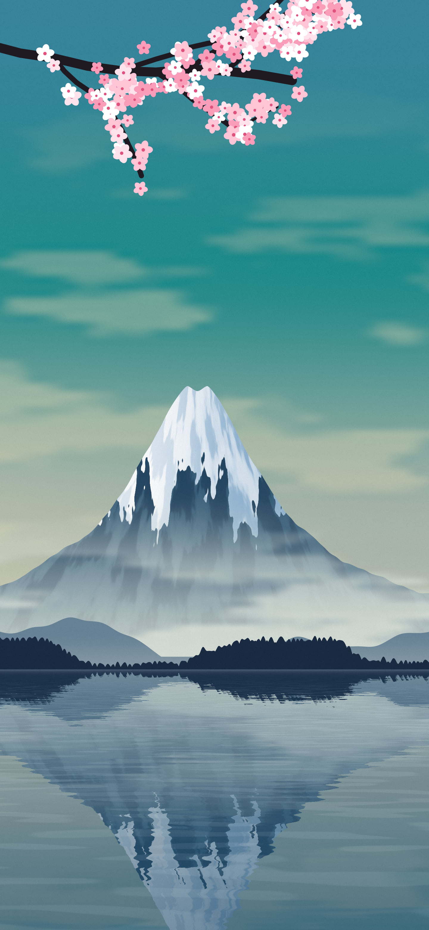 Teal Japanese Mountain and Cherry Blossom wallpaper for iPhone and Android