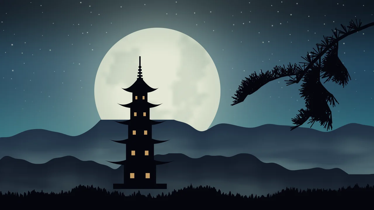 Teal Japanese Pagoda and Moon desktop wallpaper in 4K