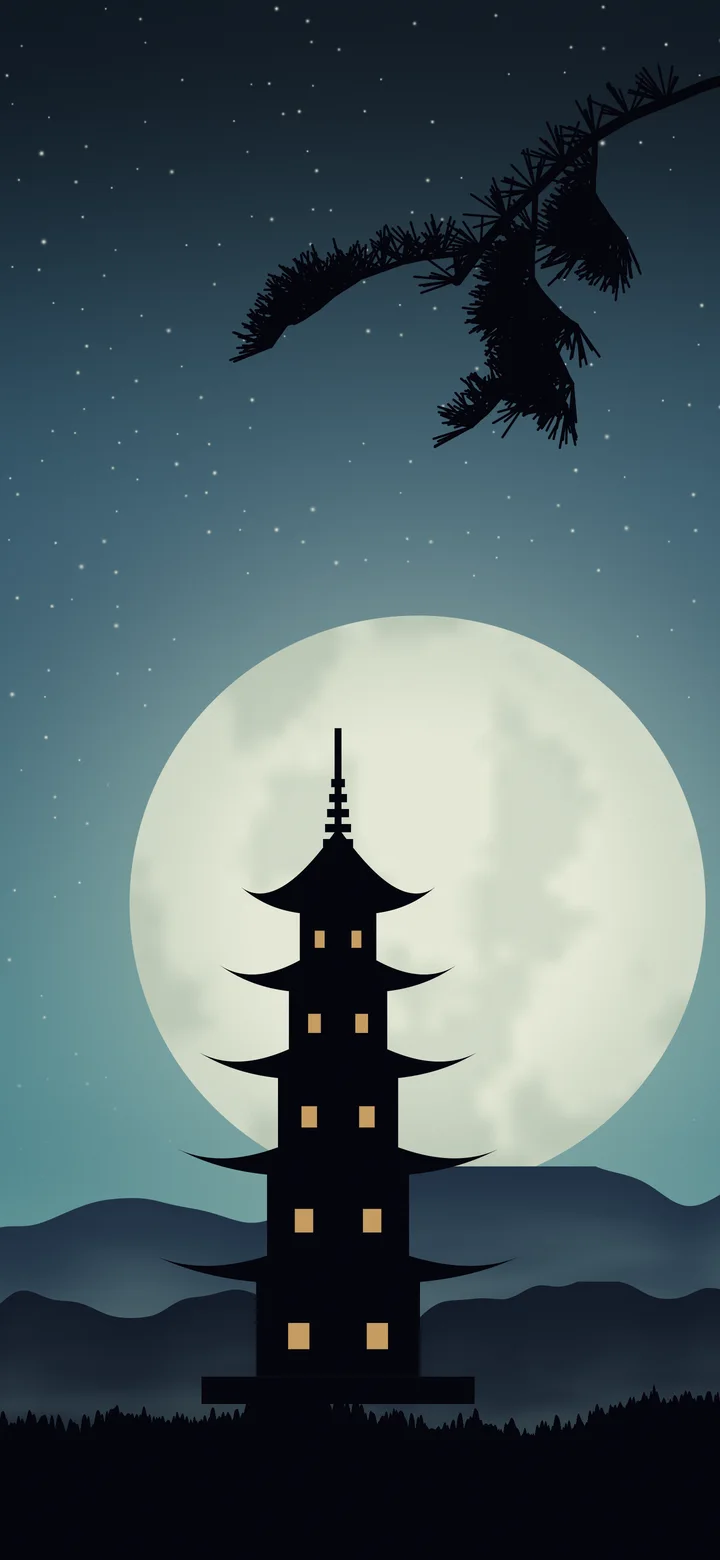 Teal Japanese Pagoda and Moon wallpaper for iPhone and Android