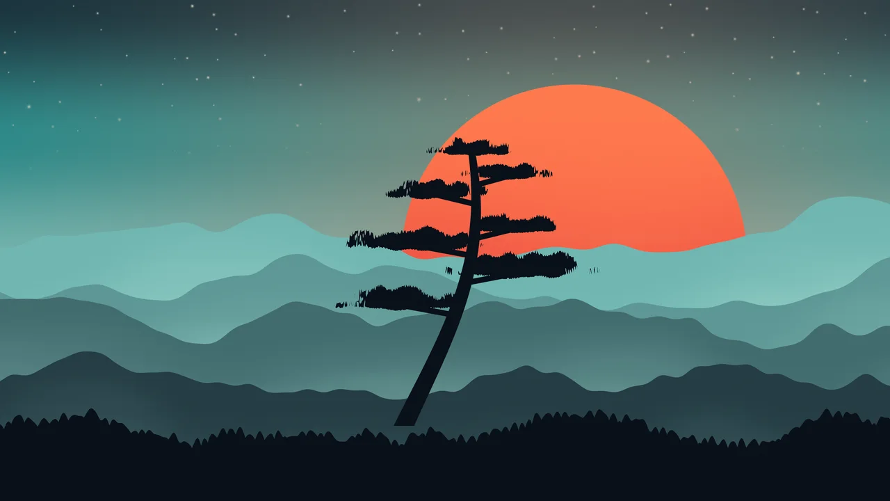Teal Japanese Sun and Misty Mountains desktop wallpaper in 4K