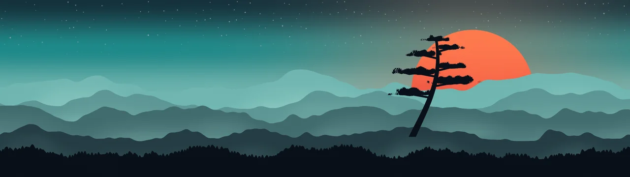 Teal Japanese Sun and Misty Mountains dual monitor wallpaper, 7680 × 2160