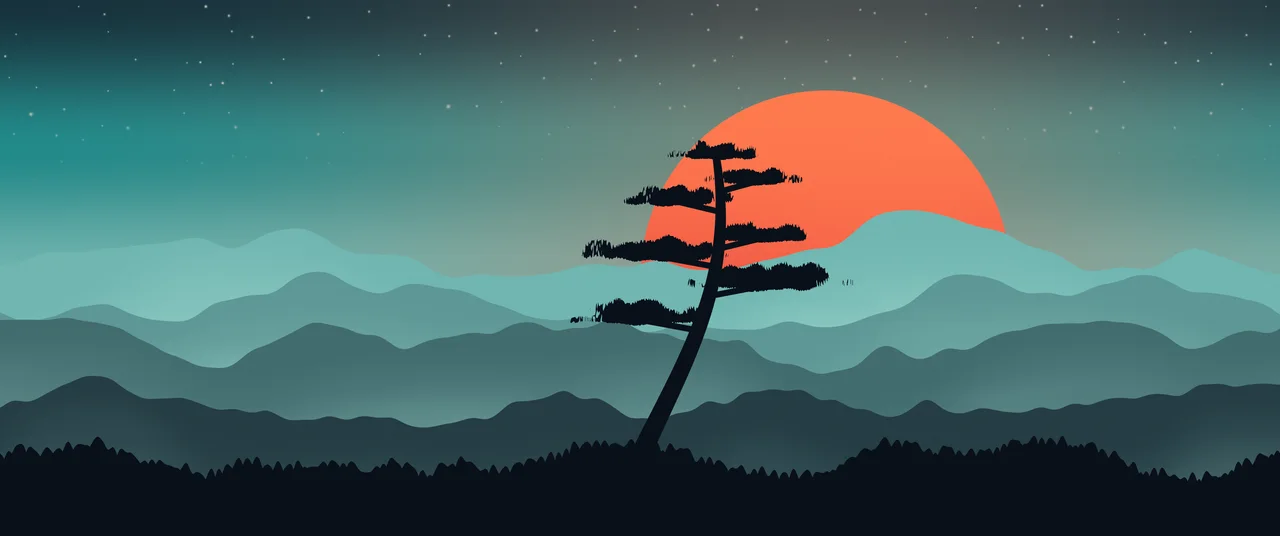 Teal Japanese Sun and Misty Mountains ultrawide wallpaper, 3440 × 1440