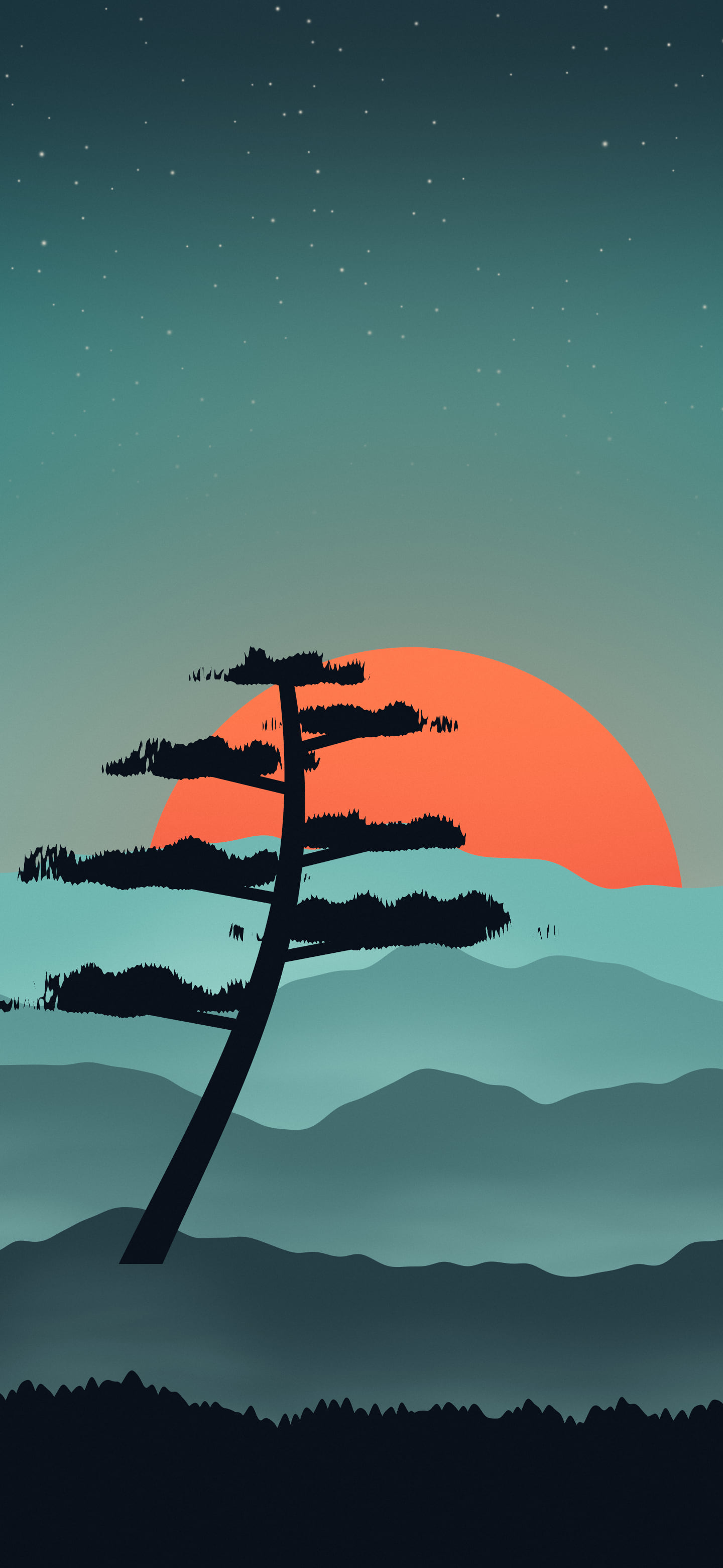 Teal Japanese Sun and Misty Mountains wallpaper for iPhone and Android