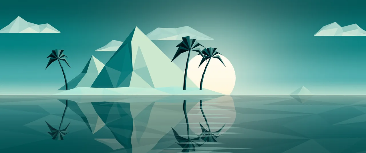 Teal Low Poly Island at Sunset ultrawide wallpaper, 3440 × 1440