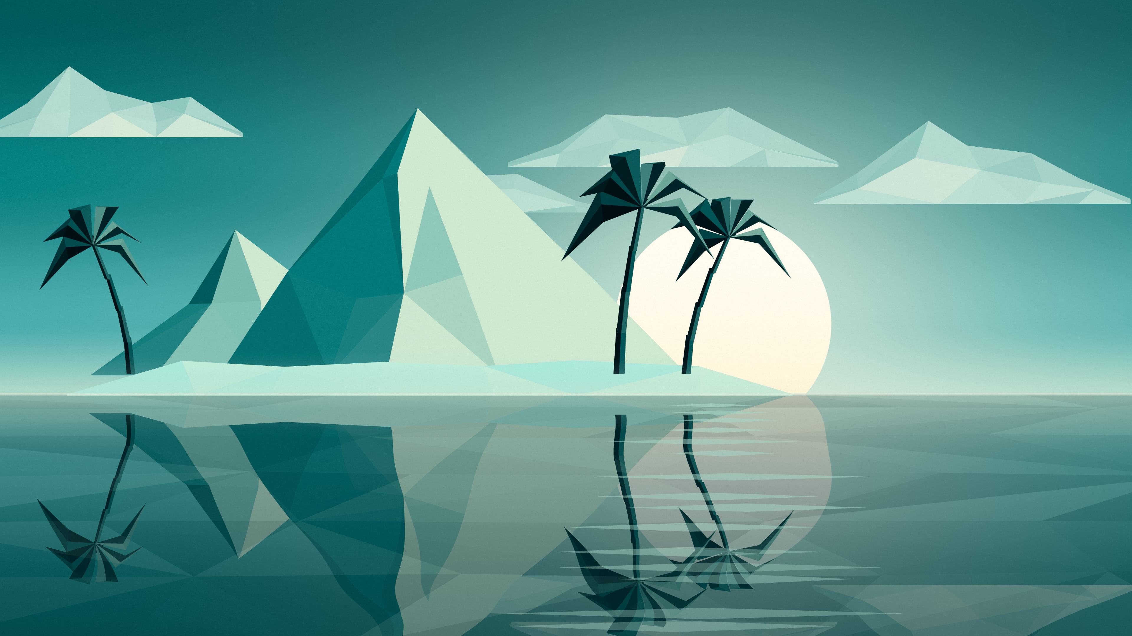Teal Low Poly Island at Sunset desktop wallpaper in 4K