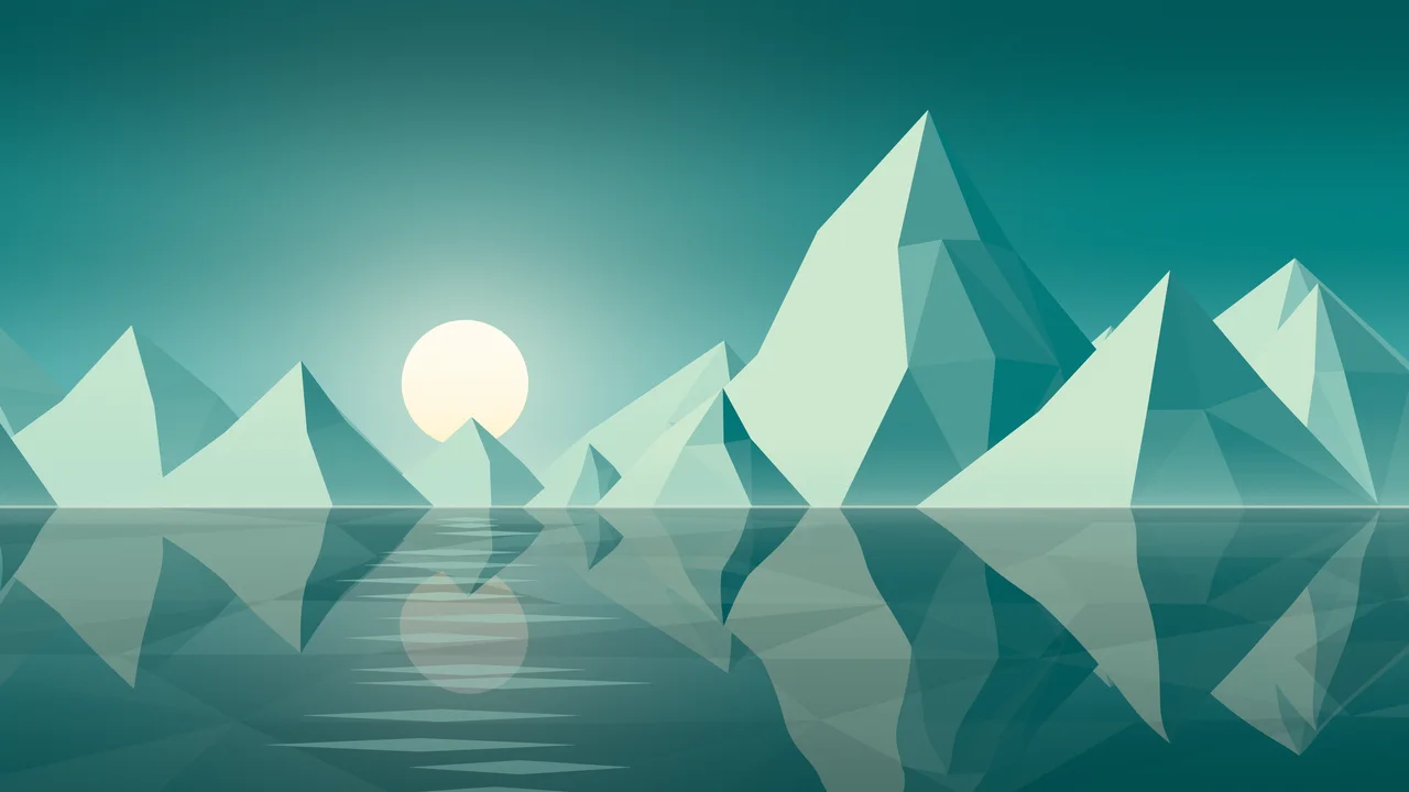 Teal Low Poly Mountain Lake at Sunset desktop wallpaper in 4K