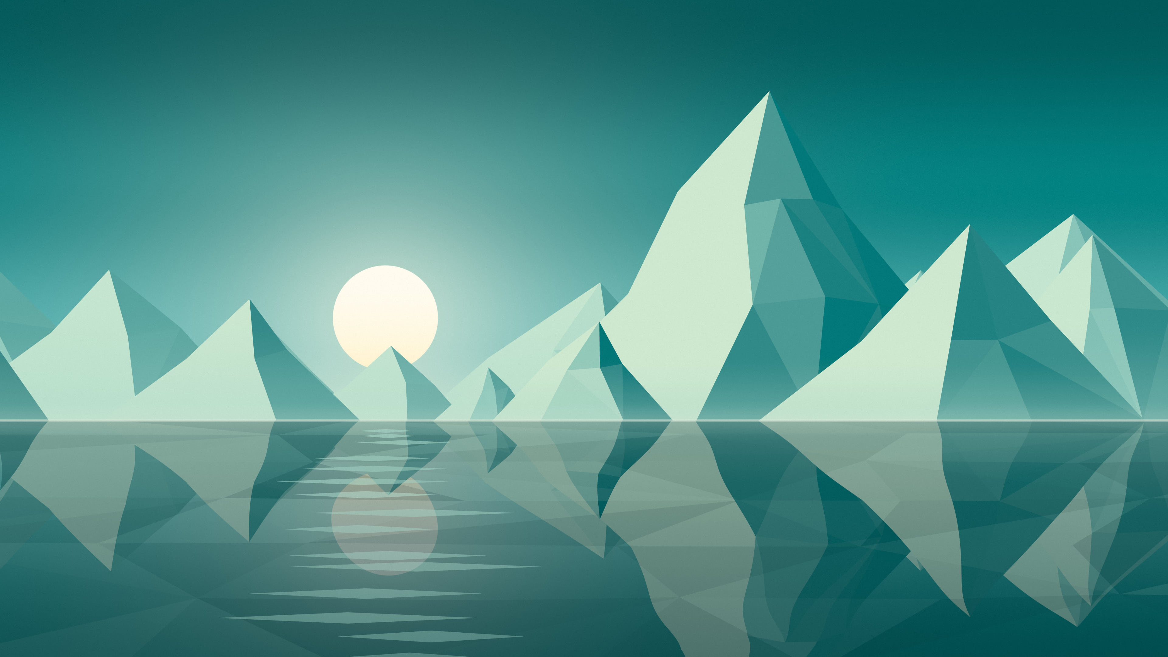 Teal Low Poly Mountain Lake at Sunset desktop wallpaper in 4K