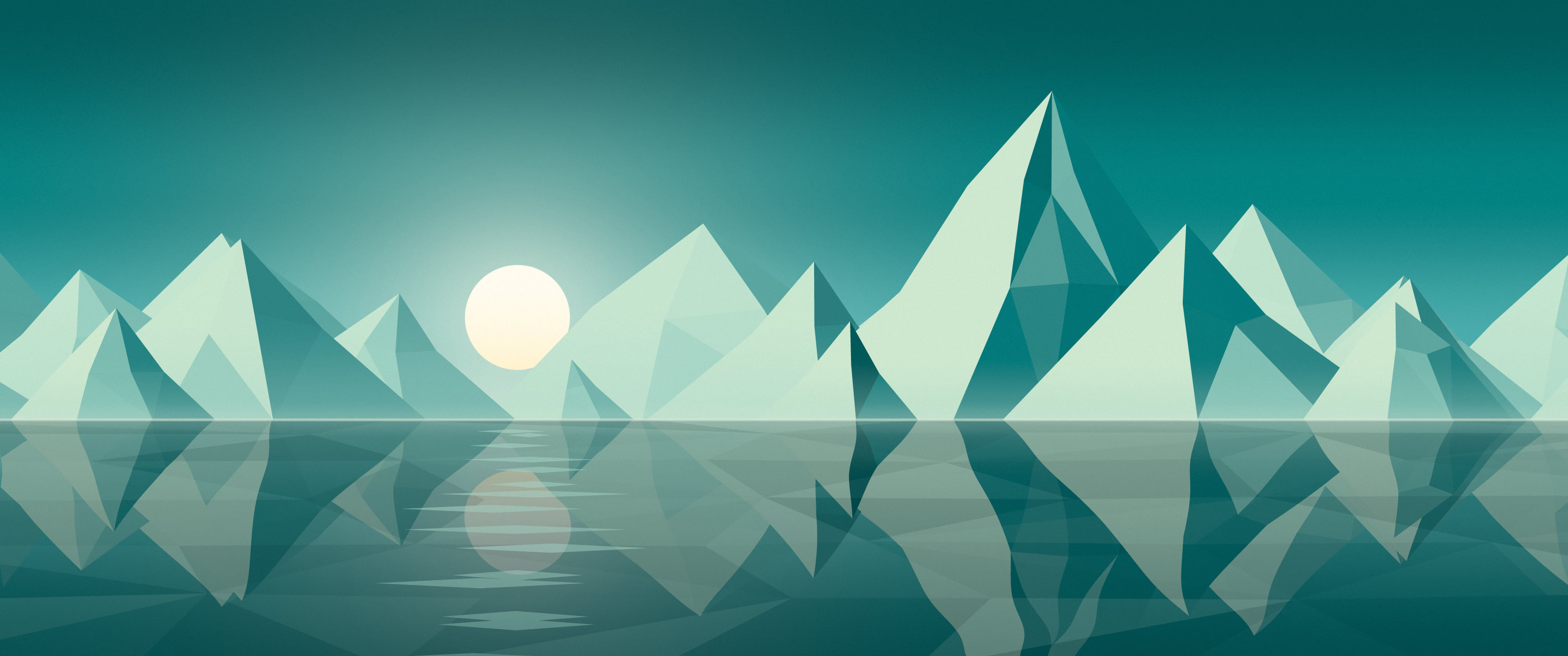 Teal Low Poly Mountain Lake at Sunset ultrawide wallpaper, 3440 × 1440