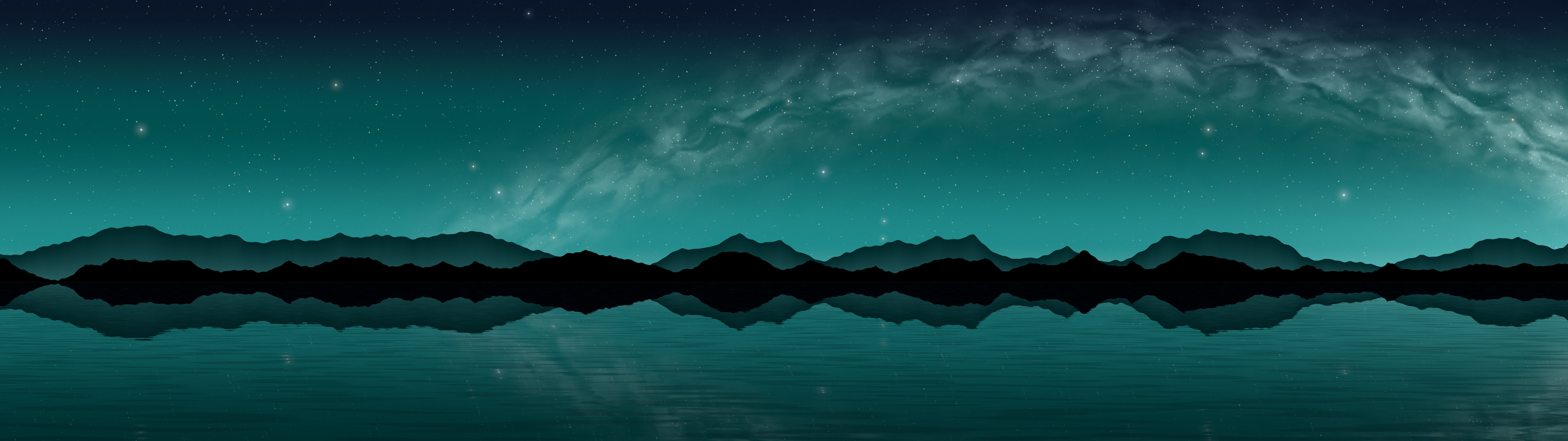 Teal Milky Way over a Lake dual monitor wallpaper, 7680 × 2160