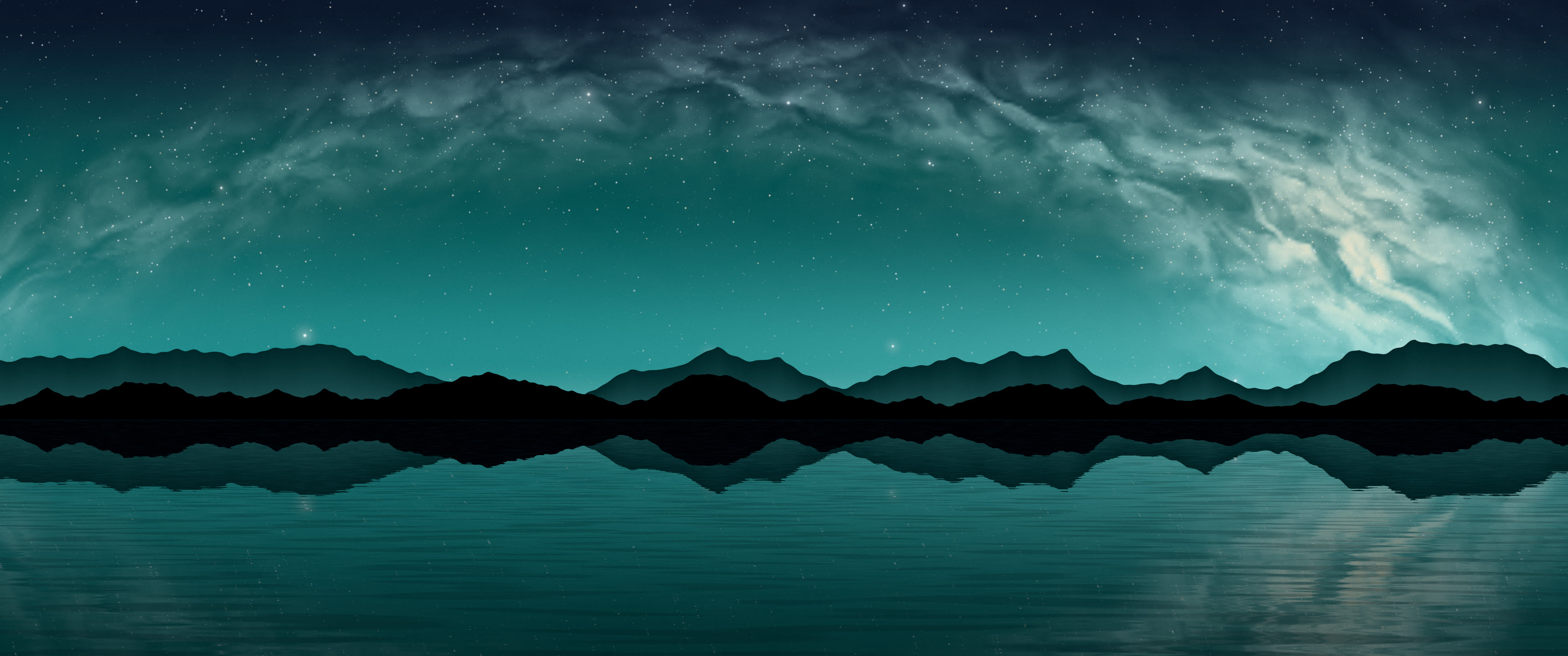 Teal Milky Way over a Lake ultrawide wallpaper, 3440 × 1440