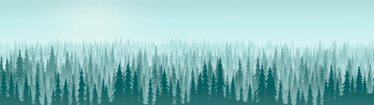 Teal Misty Pine Forest dual monitor wallpaper, 7680 × 2160