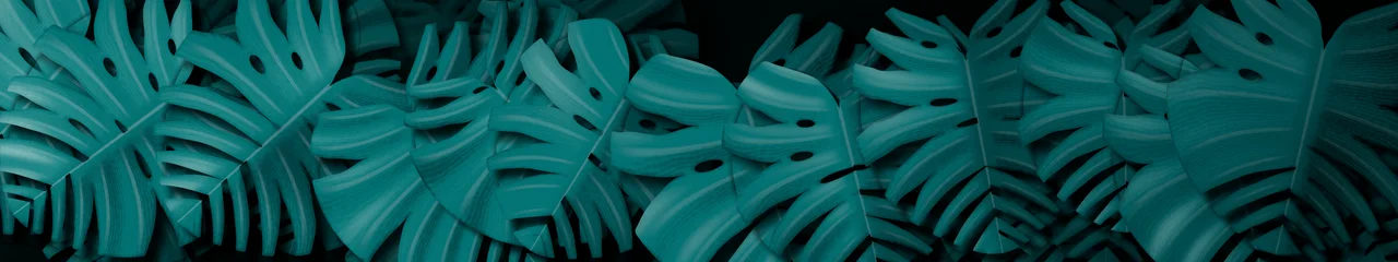 Teal Monstera Leaves triple monitor wallpaper, 7680 × 1440
