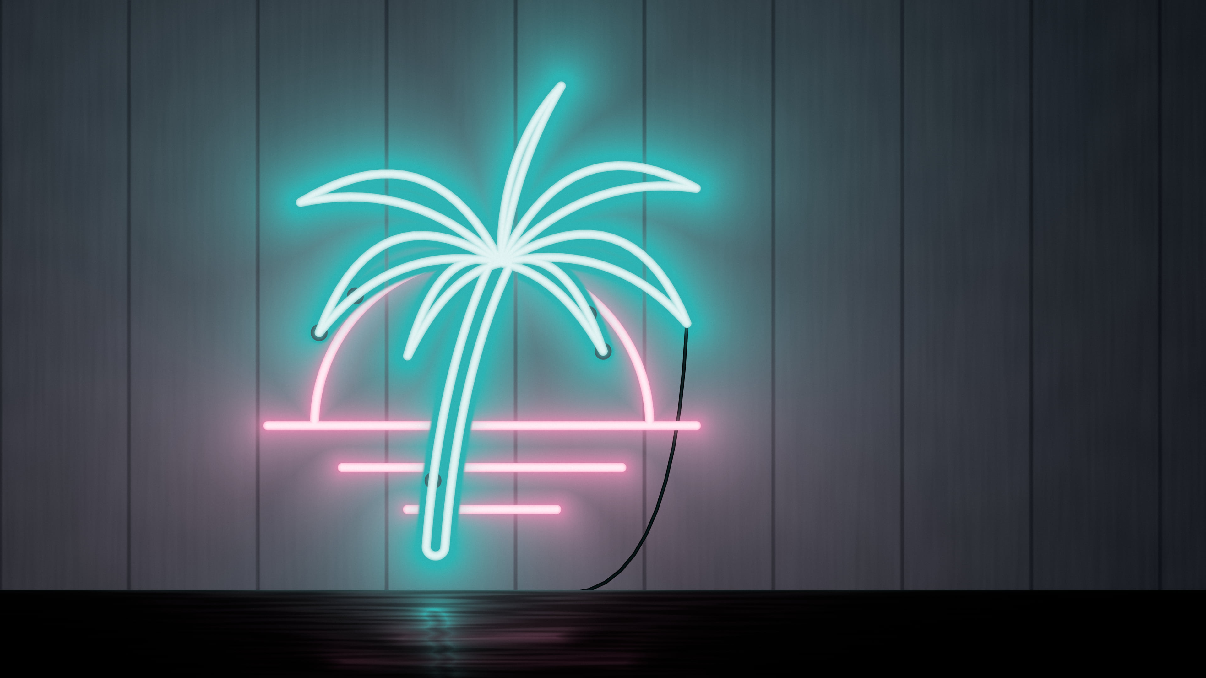 Teal Neon Palm Tree desktop wallpaper in 4K