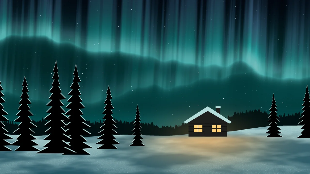 Teal Northern Lights Cabin desktop wallpaper in 4K