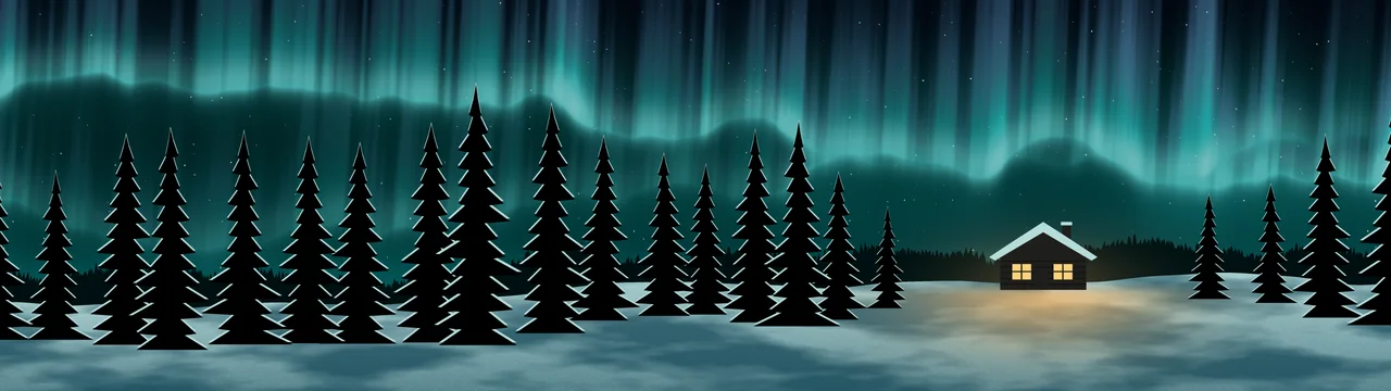 Teal Northern Lights Cabin dual monitor wallpaper, 7680 × 2160