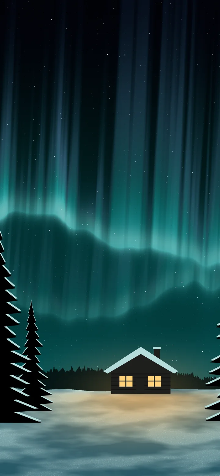 Teal Northern Lights Cabin wallpaper for iPhone and Android