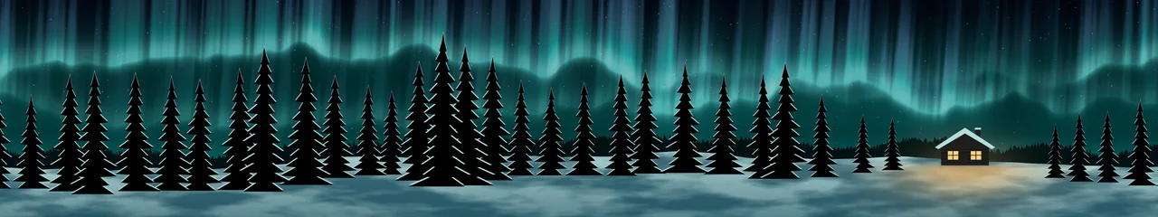 Teal Northern Lights Cabin triple monitor wallpaper, 7680 × 1440