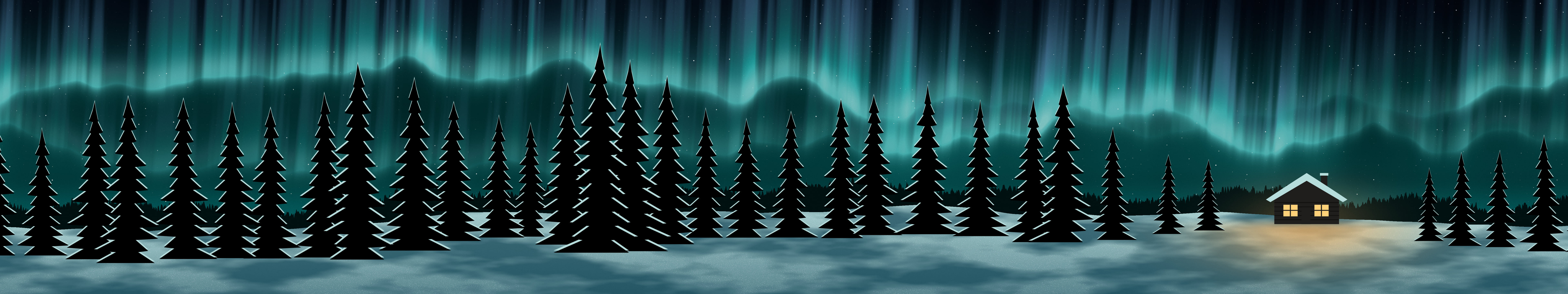 Teal Northern Lights Cabin triple monitor wallpaper, 7680 × 1440