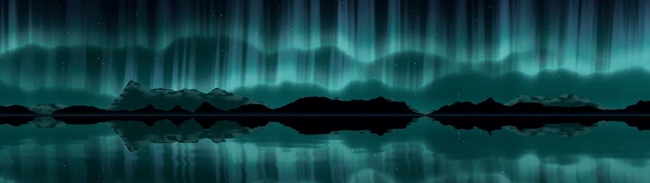 Teal Northern Lights over a Lake dual monitor wallpaper, 7680 × 2160