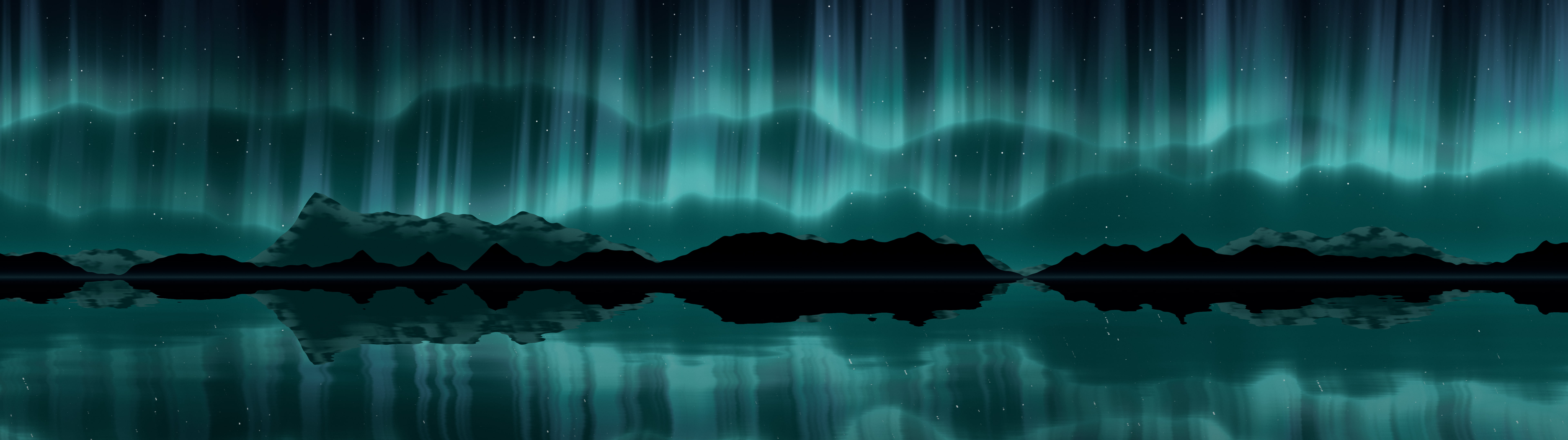 Teal Northern Lights over a Lake dual monitor wallpaper, 7680 × 2160