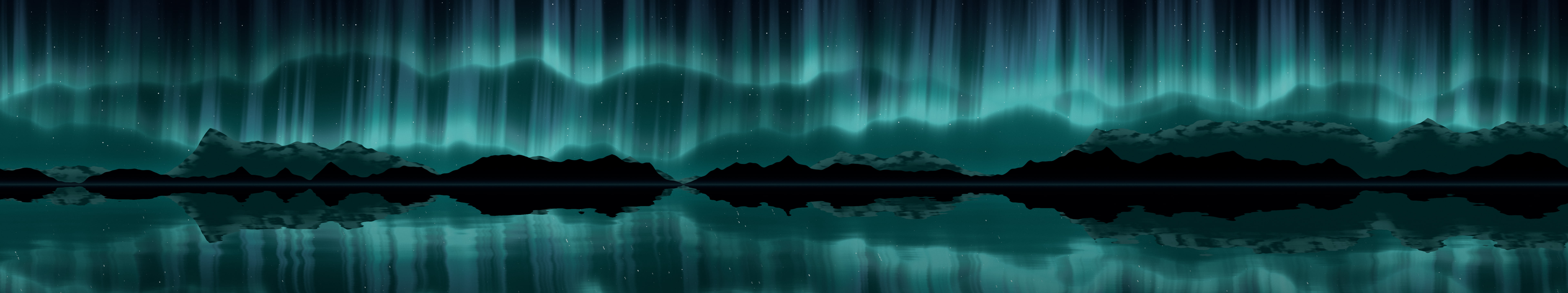 Teal Northern Lights over a Lake triple monitor wallpaper, 7680 × 1440