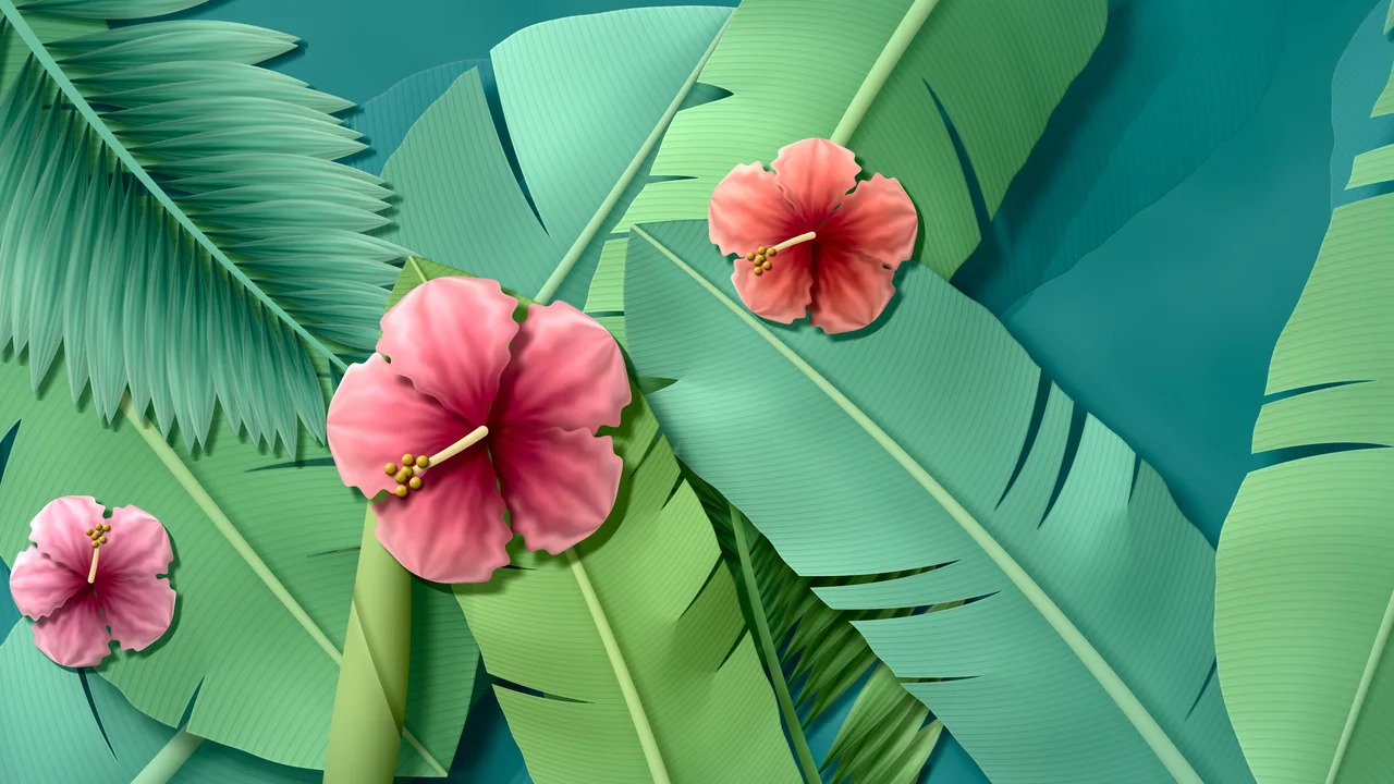 Teal Paper Banana Leaves and Hibiscus desktop wallpaper in 4K