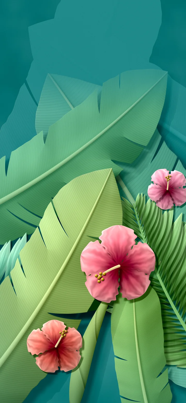 Teal Paper Banana Leaves and Hibiscus wallpaper for iPhone and Android