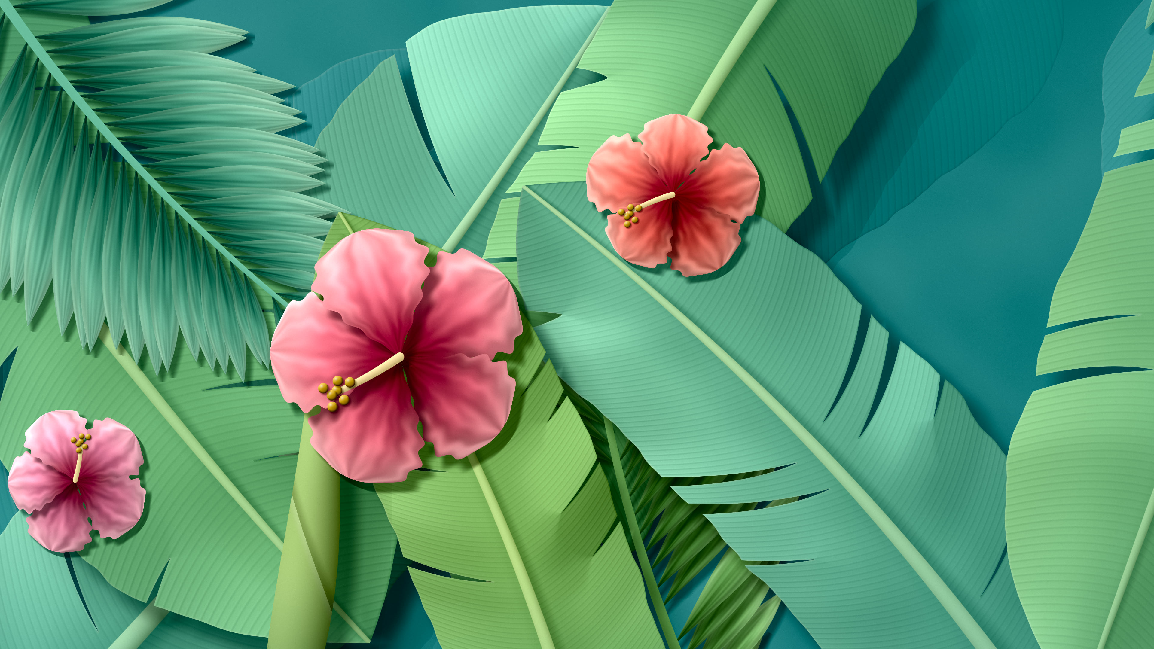 Teal Paper Banana Leaves and Hibiscus desktop wallpaper in 4K