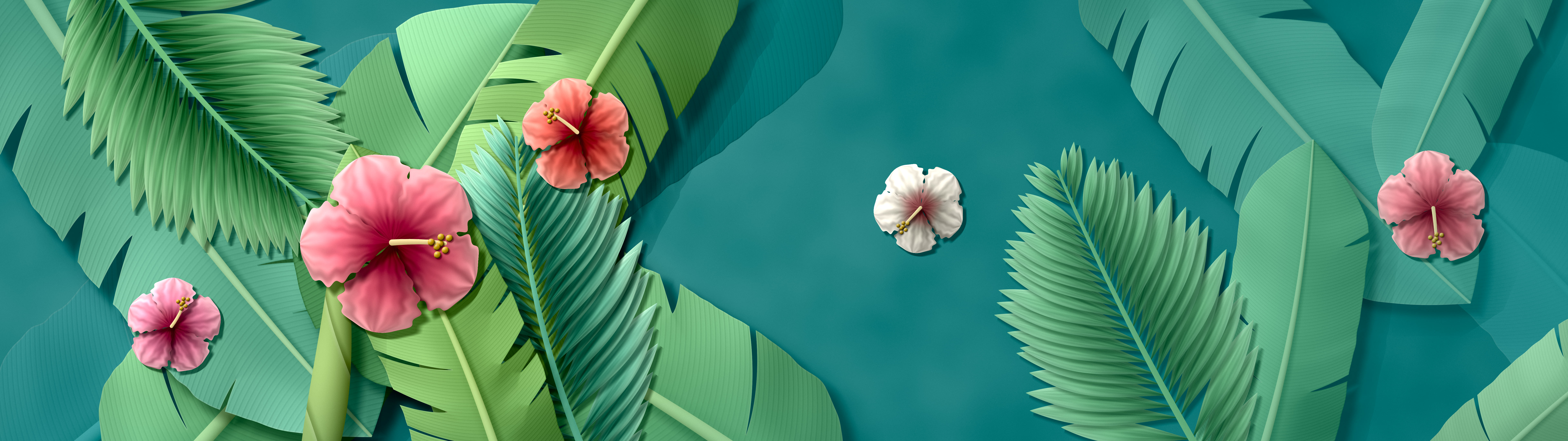 Teal Paper Banana Leaves and Hibiscus dual monitor wallpaper, 7680 × 2160