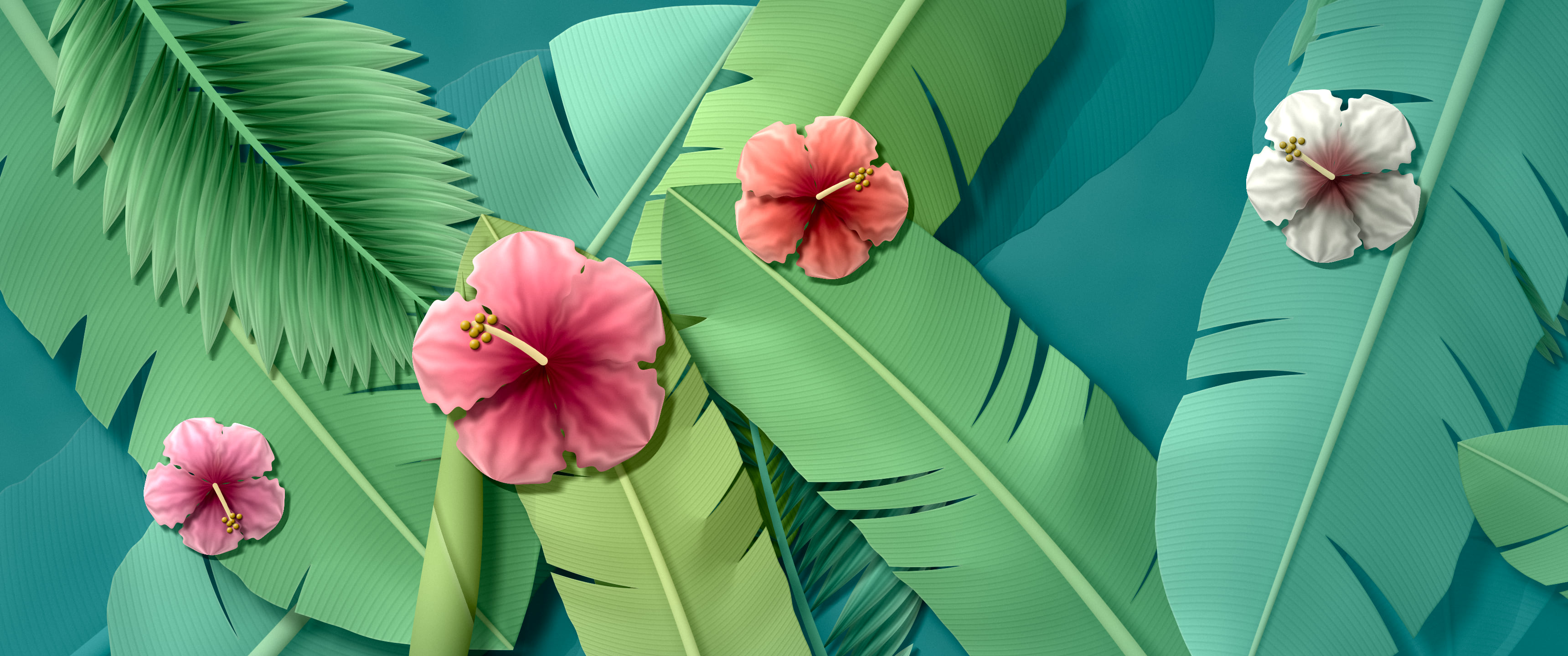 Teal Paper Banana Leaves and Hibiscus ultrawide wallpaper, 3440 × 1440
