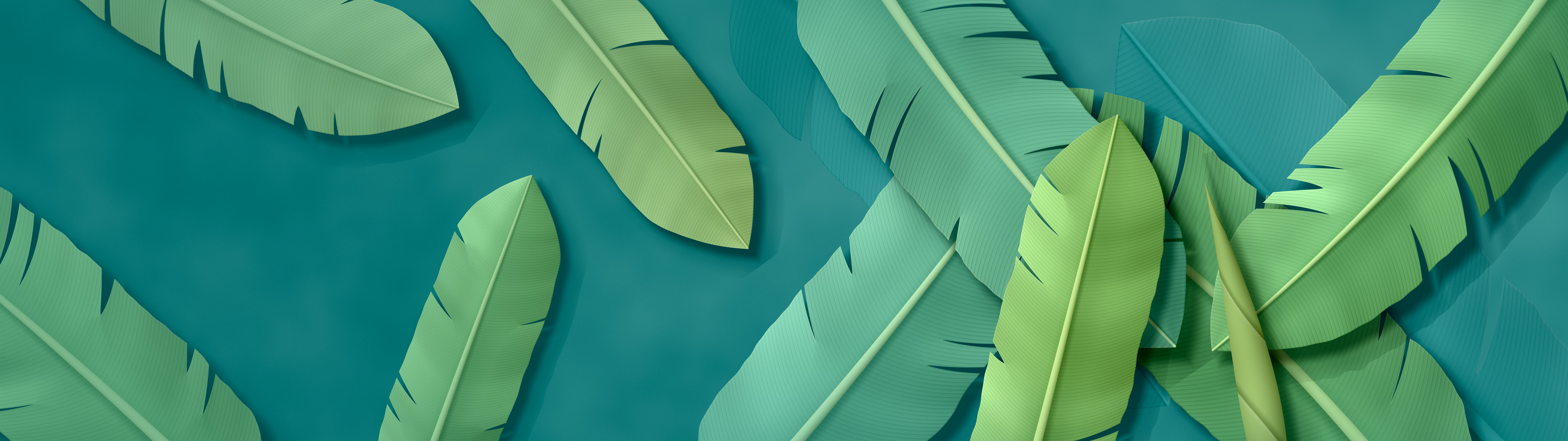 Teal Paper Banana Leaves dual monitor wallpaper, 7680 × 2160