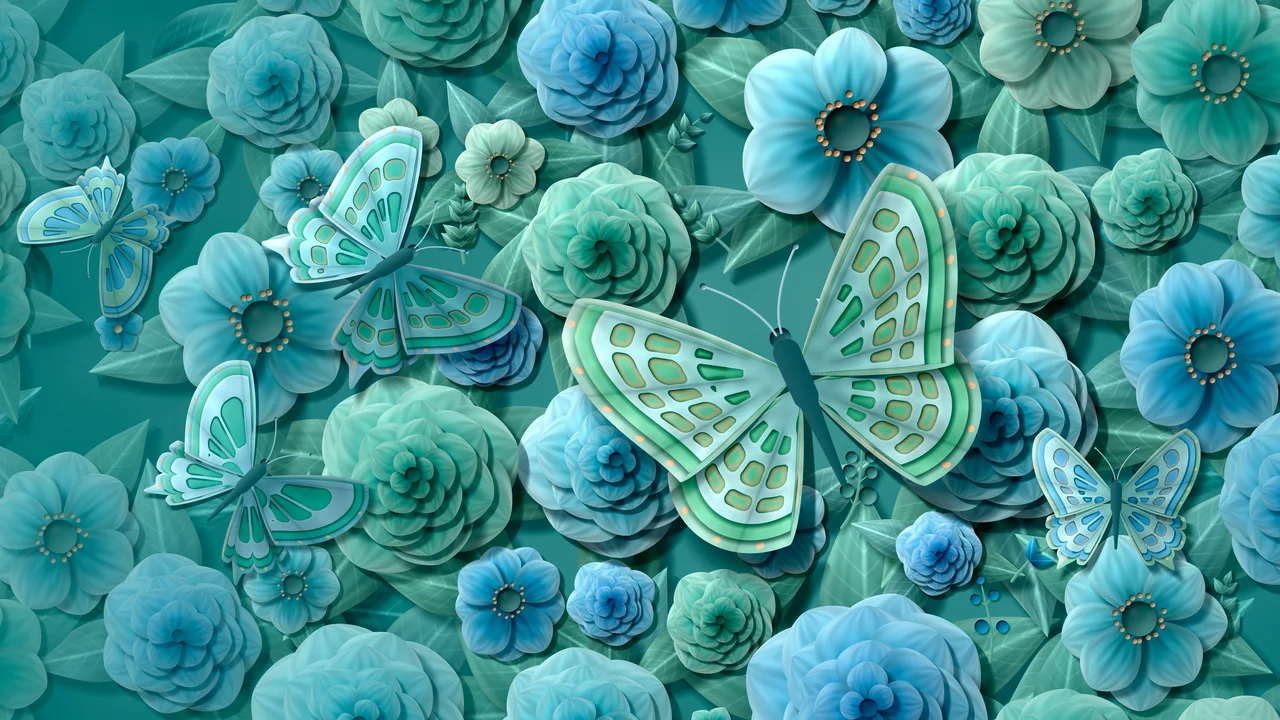 Teal Paper Butterflies and Flowers desktop wallpaper in 4K