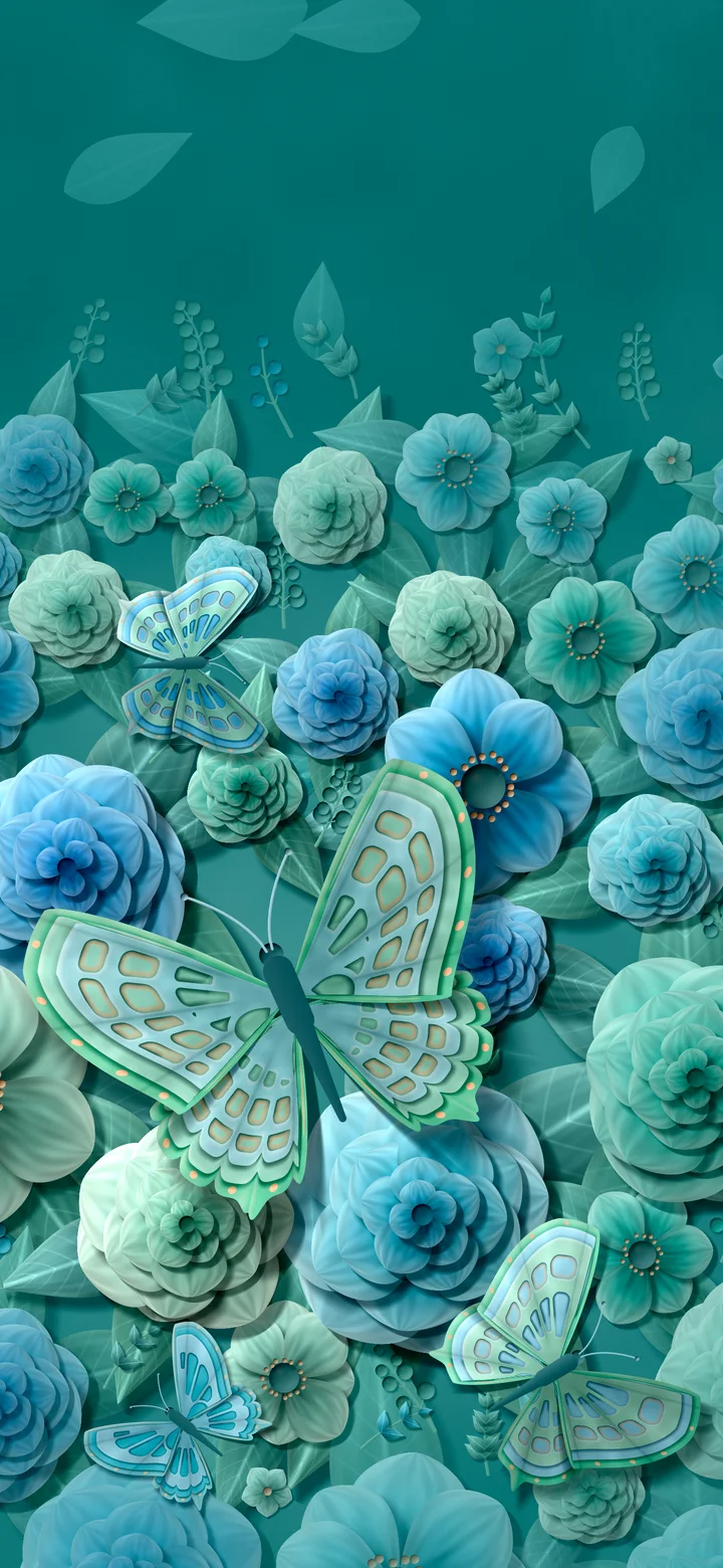 Teal Paper Butterflies and Flowers wallpaper for iPhone and Android