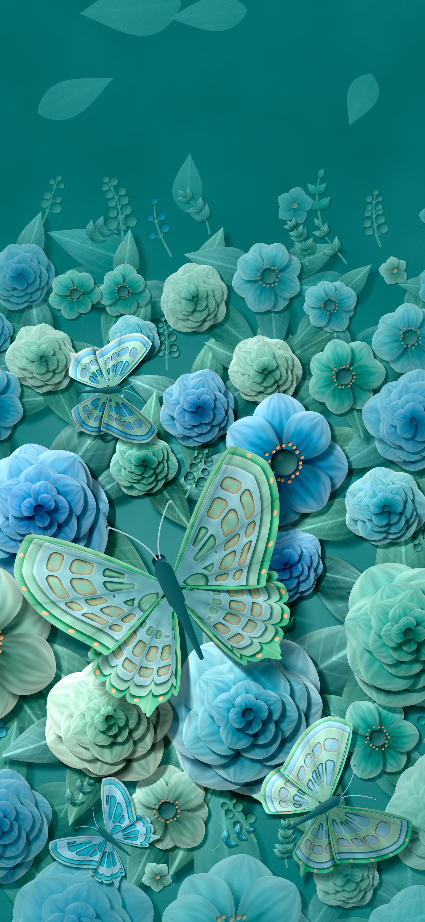 Teal Paper Butterflies and Flowers wallpaper for iPhone and Android