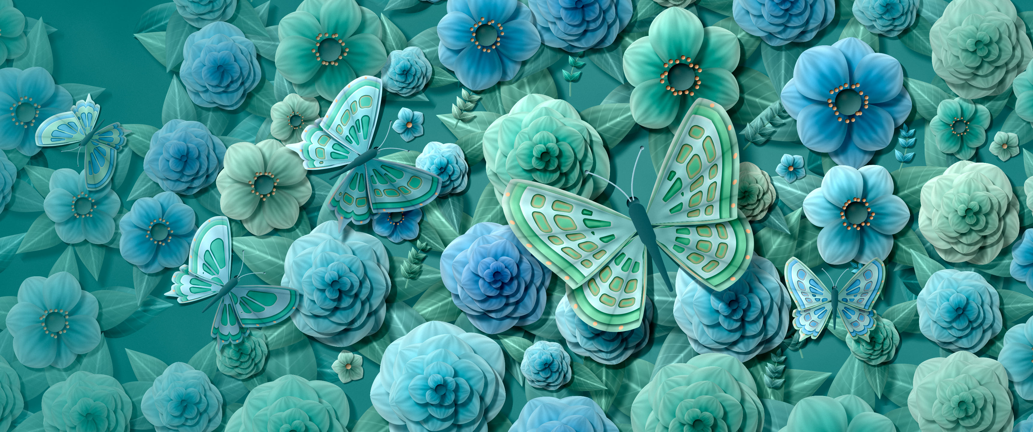 Teal Paper Butterflies and Flowers ultrawide wallpaper, 3440 × 1440
