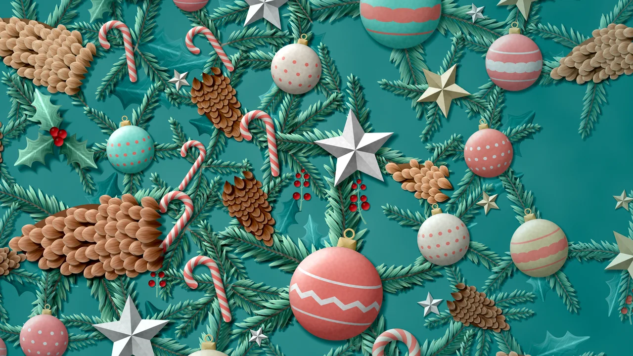 Teal Paper Christmas Ornament and Pine Cone Pattern desktop wallpaper in 4K