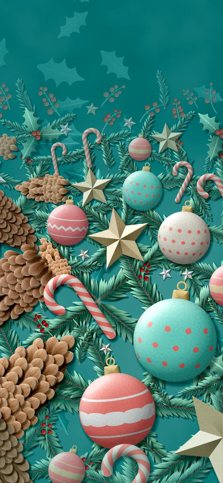 Teal Paper Christmas Ornament and Pine Cone Pattern wallpaper for iPhone and Android