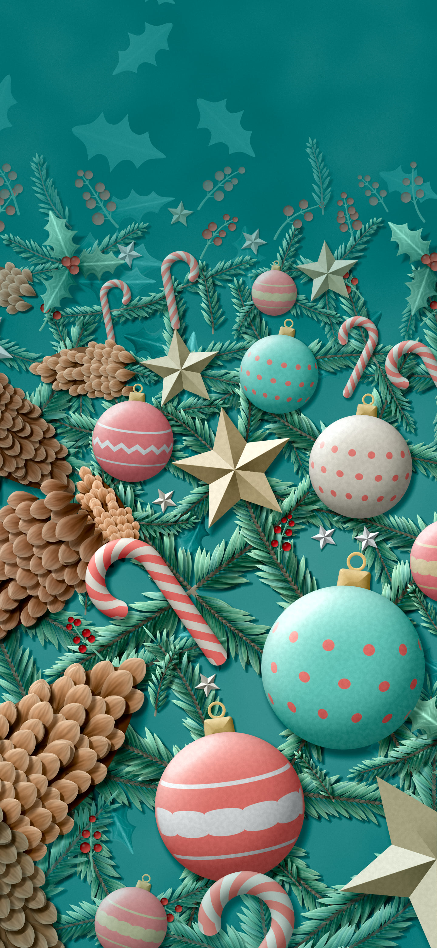 Teal Paper Christmas Ornament and Pine Cone Pattern wallpaper for iPhone and Android