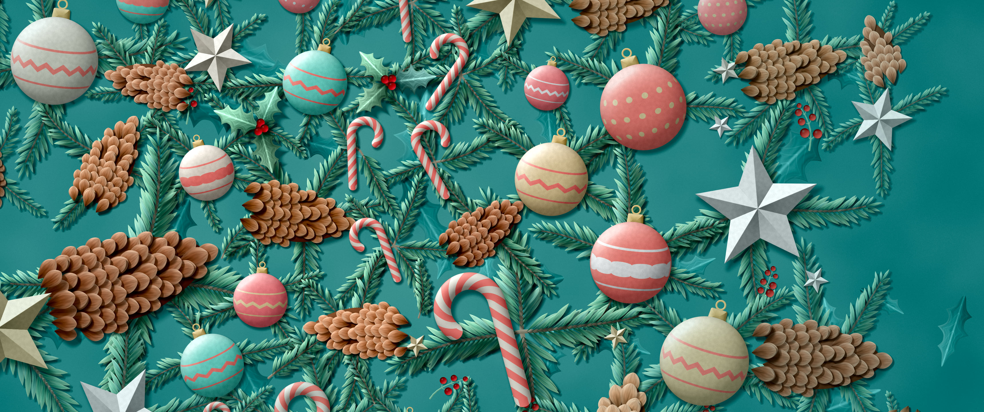 Teal Paper Christmas Ornament and Pine Cone Pattern ultrawide wallpaper, 3440 × 1440