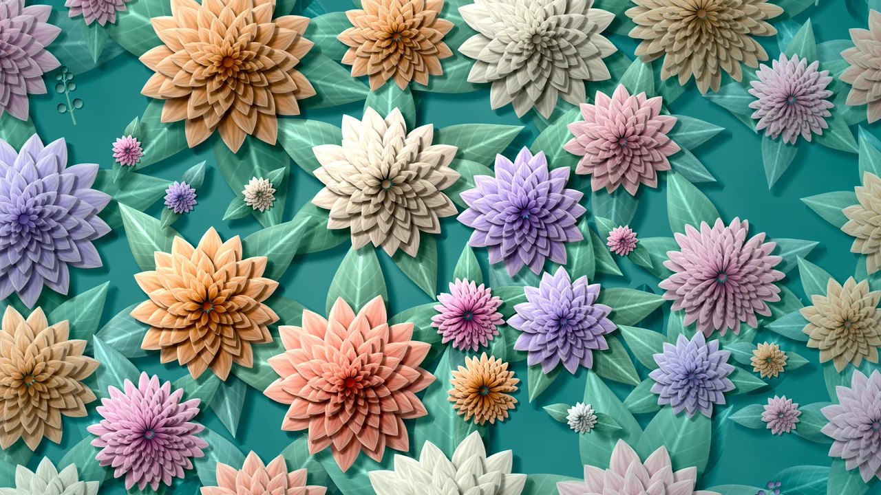 Teal Paper Dahlia Pattern desktop wallpaper in 4K