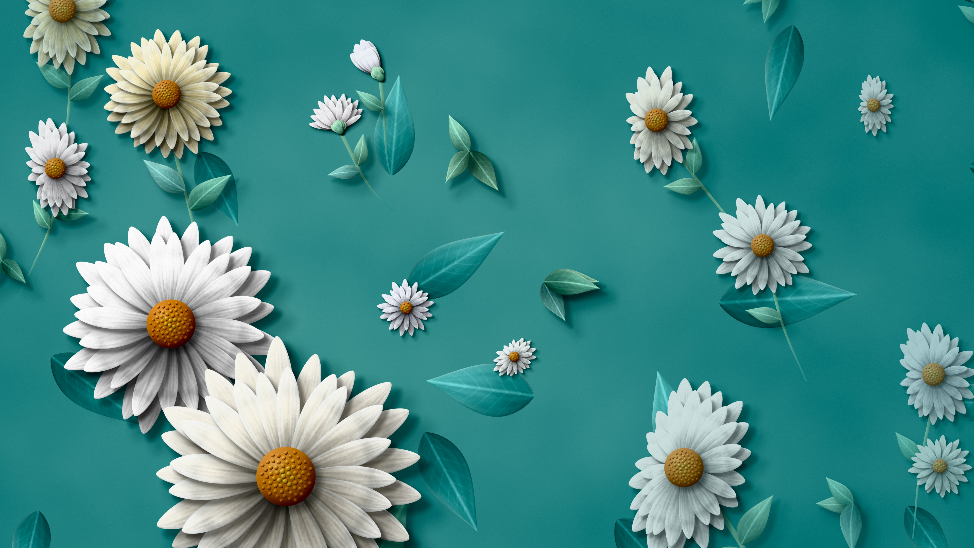 Teal Paper Daisy Pattern desktop wallpaper in 4K