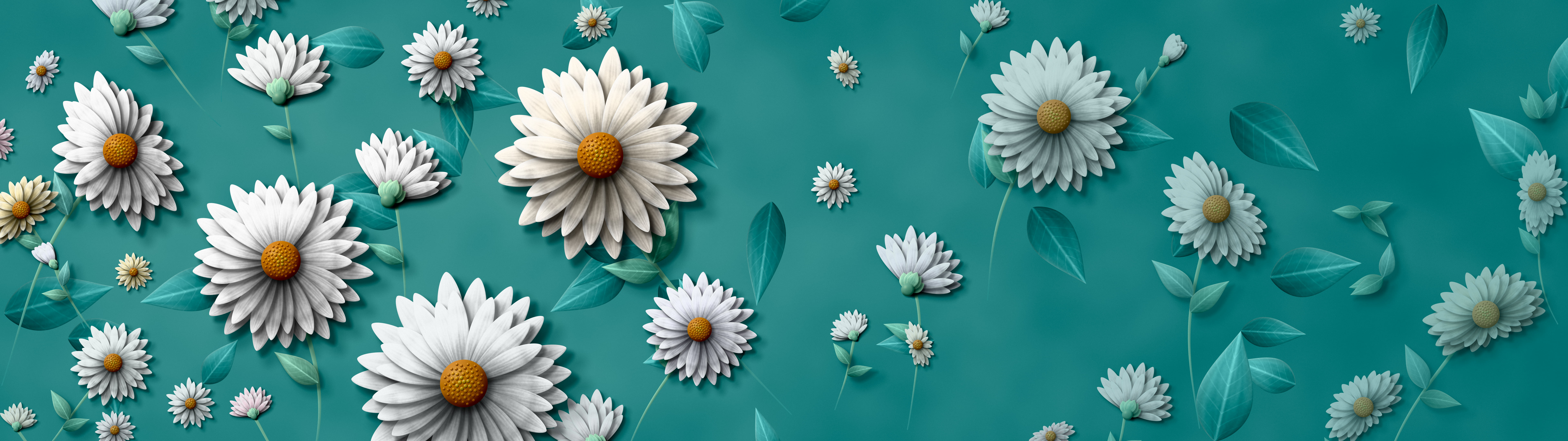 Teal Paper Daisy Pattern dual monitor wallpaper, 7680 × 2160